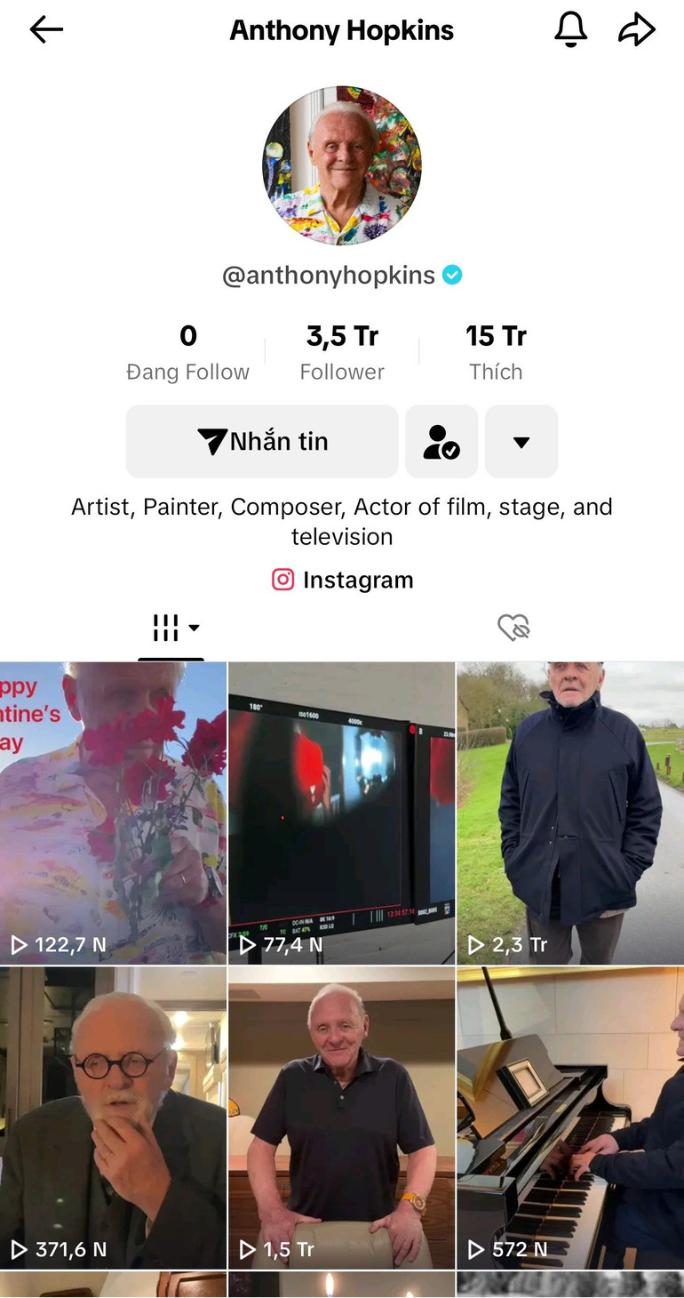 Kênh TikTok của Anthony Hopkins nhanh chóng thu hút hàng triệu người đăng ký theo dõi.