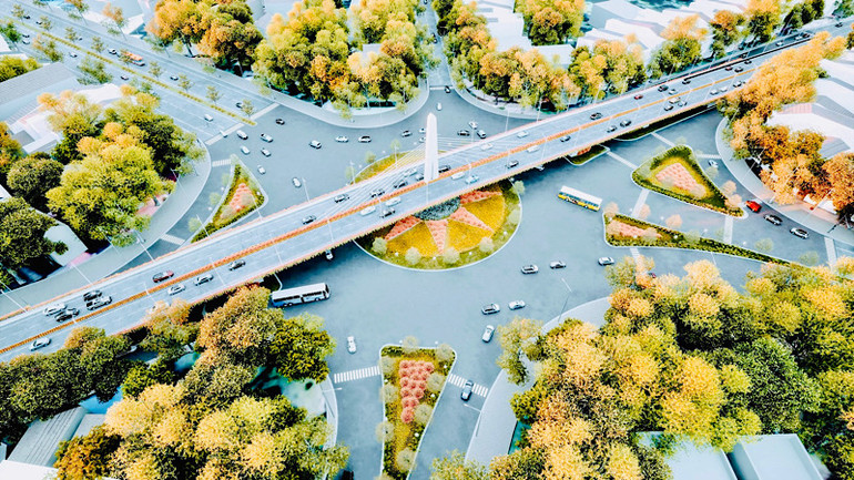 Phối cảnh nút giao thông khác mức tại ngã tư giao cắt giữa đường Tôn Đức Thắng-đường Máng Nước và quốc lộ 5.