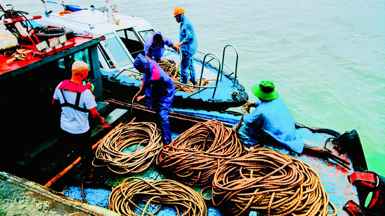 Công nhân thực hiện việc thu hồi cáp điện bị đứt rơi xuống biển.