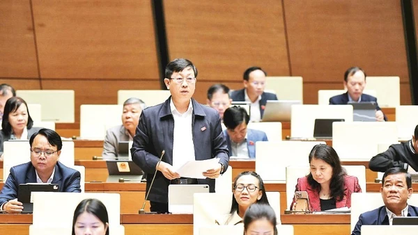 Đại biểu Quốc hội tỉnh Lâm Đồng Nguyễn Hữu Thông phát biểu ý kiến trong phiên thảo luận về dự án Luật sửa đổi, bổ sung một số điều của Luật Kinh doanh bảo hiểm tại kỳ họp thứ 10, Quốc hội khóa XV. (Ảnh: QUANG KHÁNH)