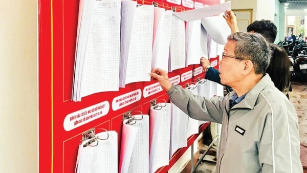 Cử tri phường Văn Miếu-Quốc Tử Giám (Hà Nội) rà soát, kiểm tra thông tin tại danh sách cử tri. (Ảnh: TRẦN LONG)