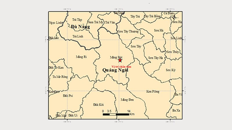Bản đồ tâm chấn động đất M=4,5 tại xã Măng Bút, tỉnh Quảng Ngãi. (Nguồn: Trung tâm Báo tin động đất và Cảnh báo sóng thần, Viện Các khoa học trái đất)