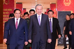 Thủ tướng Phạm Minh Chính đón Tổng Bí thư Tô Lâm đến dự Lễ kỷ niệm 80 năm Thành lập Chính phủ. 