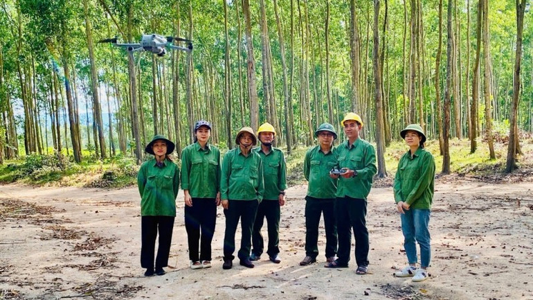 Kiểm tra cây rừng trồng gỗ lớn bằng thiết bị bay không người lái. (Ảnh: GIZ/Vũ Thành) 8d2158146f7be625bf6a.jpg