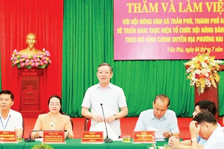 Đồng chí Lương Quốc Đoàn phát biểu tại buổi làm việc với Hội Nông dân xã Trần Phú (Hà Nội).