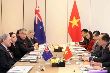 Bộ trưởng Ngoại giao Lê Hoài Trung hội đàm với Bộ trưởng Ngoại giao New Zealand Winston Peters. (Ảnh: An Đăng/TTXVN)