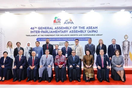 Chủ tịch Quốc hội Trần Thanh Mẫn chụp ảnh chung với Thủ tướng Malaysia Anwar Ibrahim và các Trưởng đoàn. (Ảnh: Doãn Tấn/TTXVN) 