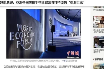 Bài viết của Hãng thông tấn Trung Quốc (Chinanews.com) với tiêu đề “Thủ tướng Việt Nam kêu gọi các nước châu Á chung tay xây dựng kỷ nguyên châu Á phồn vinh và bền vững”. (Ảnh: TTXVN)