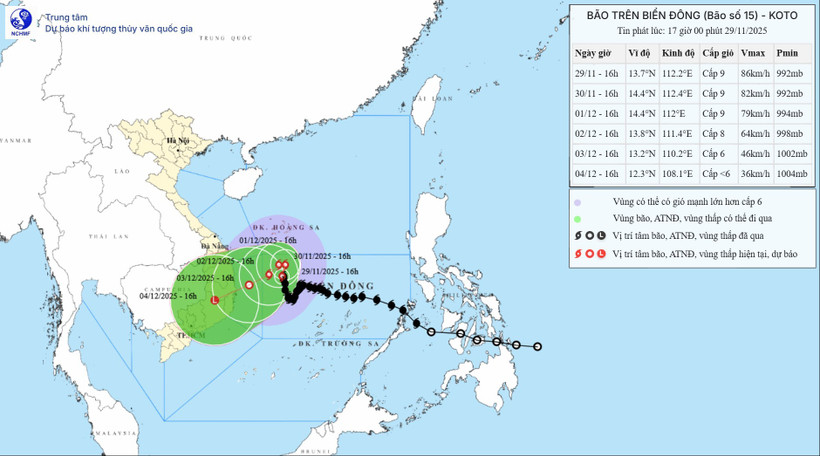 Bản đồ dự báo quỹ đạo và cường độ bão số 15 phát lúc 17 giờ ngày 29/11.