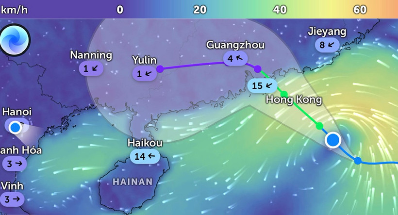 Đường đi của bão số 8 lúc 20 giờ 30 phút. (Ảnh: Zoom Earth)