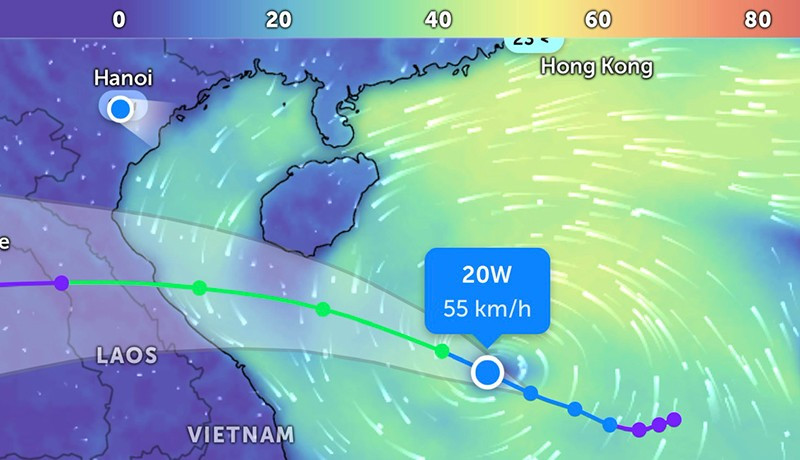 Vị trí áp thấp nhiệt đới lúc 6 giờ 55 phút. (Ảnh: Zoom Earth).