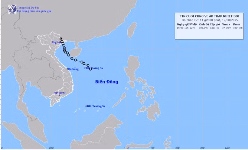 Bản đồ quỹ đạo áp thấp nhiệt đới tính đến 11 giờ ngày 19/8.