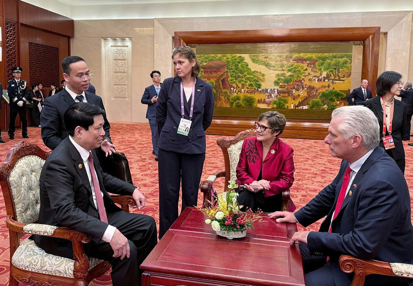 Chủ tịch nước Lương Cường gặp Bí thư thứ nhất, Chủ tịch nước Cuba Miguel Diaz-Canel Bermudez. (Ảnh: TTXVN)