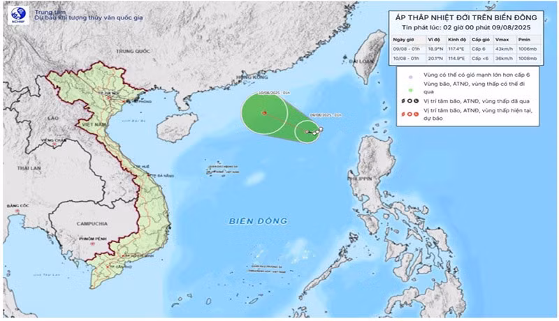 Bản đồ dự báo quỹ đạo và cường độ áp thấp nhiệt đới lúc 2 giờ ngày 9/8.