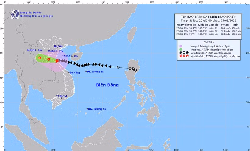 Bản đồ dự báo quỹ đạo và cường độ bão số 5 phát lúc 20 giờ ngày 25/8.