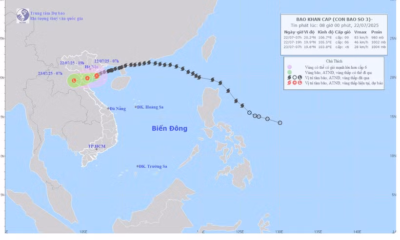 Bản đồ do Trung tâm Dự báo khí tượng thủy văn quốc gia dự báo quỹ đạo và cường độ bão số 3 phát lúc 8 giờ ngày 22/7.