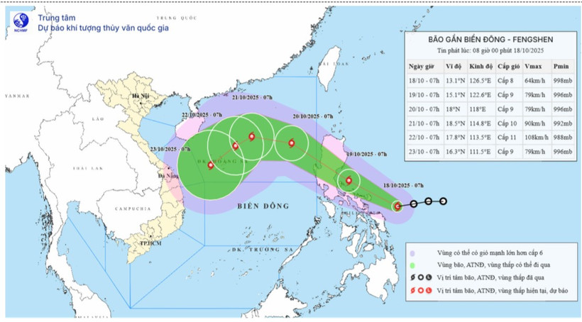 Bản đồ dự báo quỹ đạo và cường độ bão Fengshen phát lúc 8 giờ ngày 18/10.