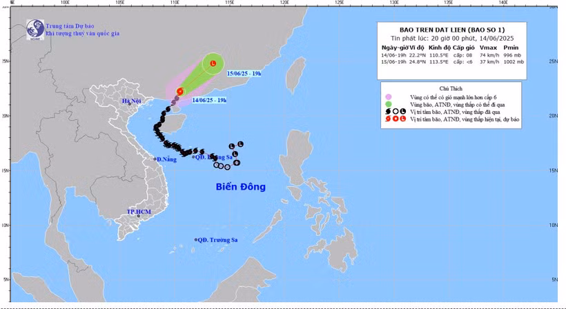Bản đồ dự báo quỹ đạo và cường độ bão số 1 lúc 20 giờ ngày 14/6/2025.