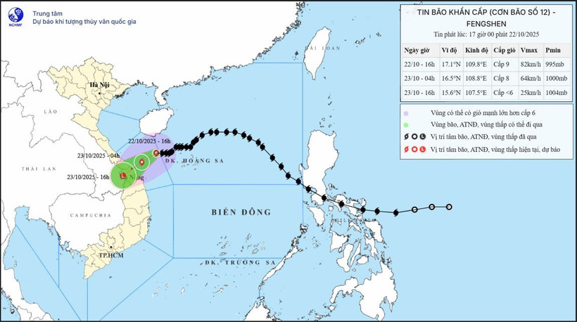 Bản đồ dự báo quỹ đạo và cường độ bão phát lúc 17 giờ ngày 22/10.