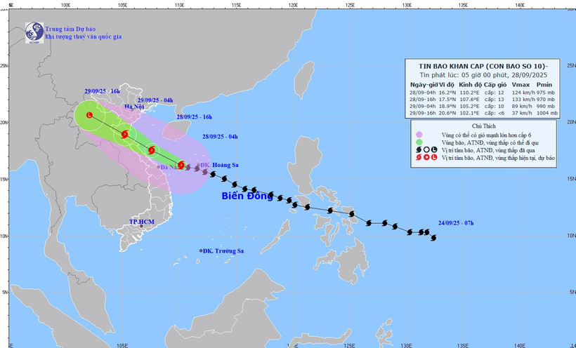  Bản đồ dự báo quỹ đạo và cường độ bão số 10 phát lúc 5 giờ ngày 28/9.