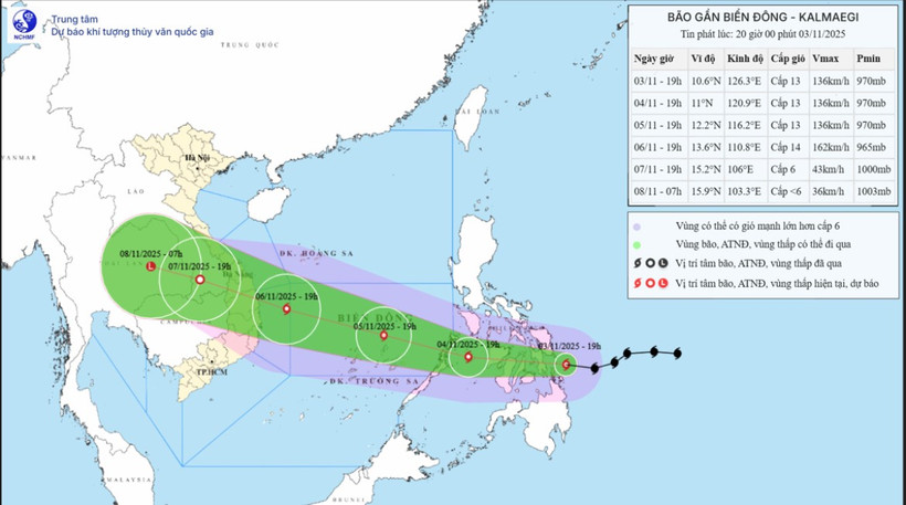  Bản đồ dự báo quỹ đạo và cường độ bão Kalmaegi phát lúc 20 giờ ngày 3/11.