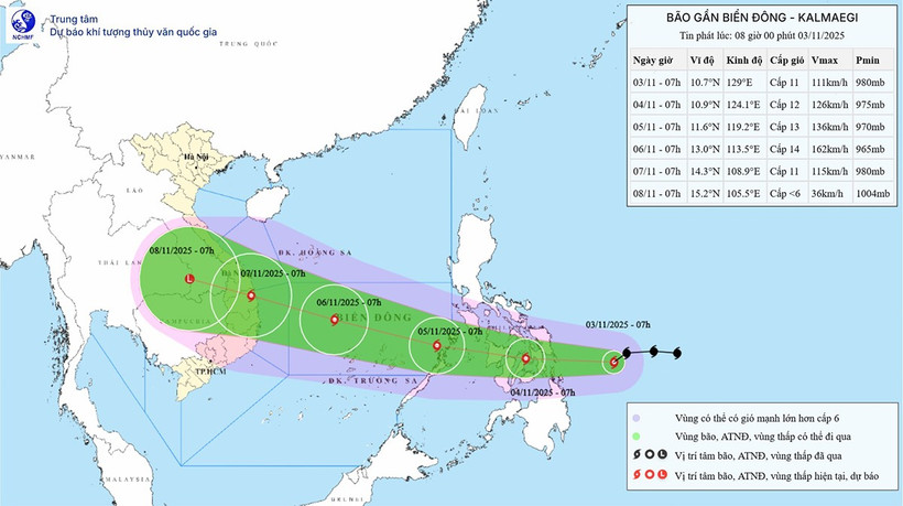 Bản đồ dự báo quỹ đạo và cường độ bão Kalmaegi phát lúc 8 giờ ngày 3/11. 