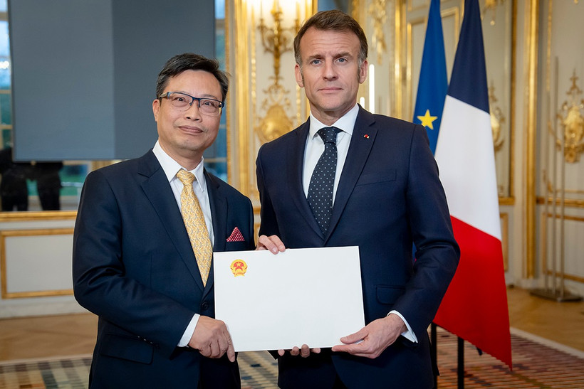 Đại sứ Việt Nam tại Pháp Trịnh Đức Hải trình Quốc thư lên Tổng thống Emmanuel Macron.