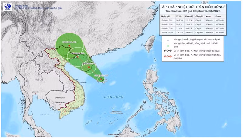 Bản đồ dự báo quỹ đạo và cường độ áp thấp nhiệt đới lúc 2 giờ ngày 17/8/.