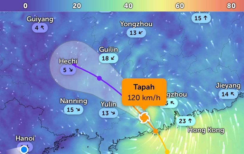Vị trí bão số 7 lúc 11 giờ 50 phút. (Ảnh: Zoom Earth)