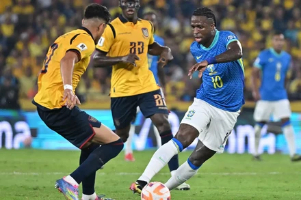 Ecuador (áo vàng) thi đấu bản lĩnh trước đội bóng mạnh Brazil. (Ảnh: FIFA)