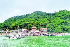 Các tàu chở du khách tham quan đền Bà Chúa Thác Bờ, xã Thung Nai.