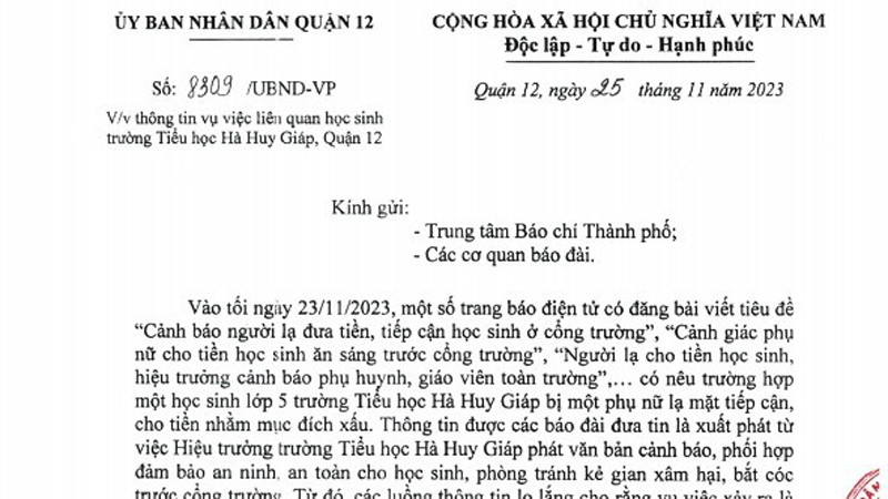 Văn bản của Ủy ban nhân dân quận 12, Thành phố Hồ Chí Minh.