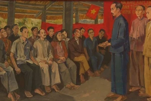 Chủ tịch Hồ Chí Minh nói chuyện với đại biểu Quốc dân Đại hội tại Đình Tân Trào. (Tranh sơn dầu: Họa sĩ Cao Thương)