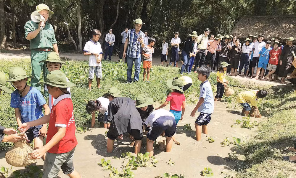 Các em học sinh trải nghiệm hoạt động bắt cá tại Địa đạo Củ Chi. (Ảnh MẠNH HẢO)