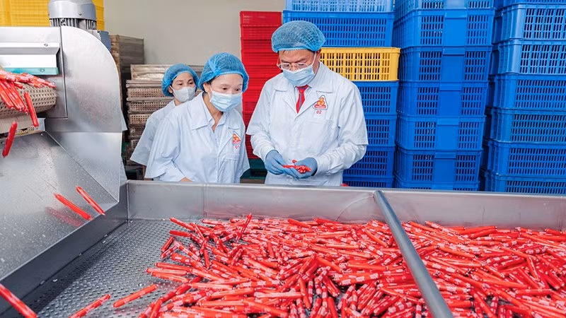Sản xuất xúc xích tiệt trùng ở Công ty cổ phần Việt Nam Kỹ nghệ súc sản (VISSAN). 