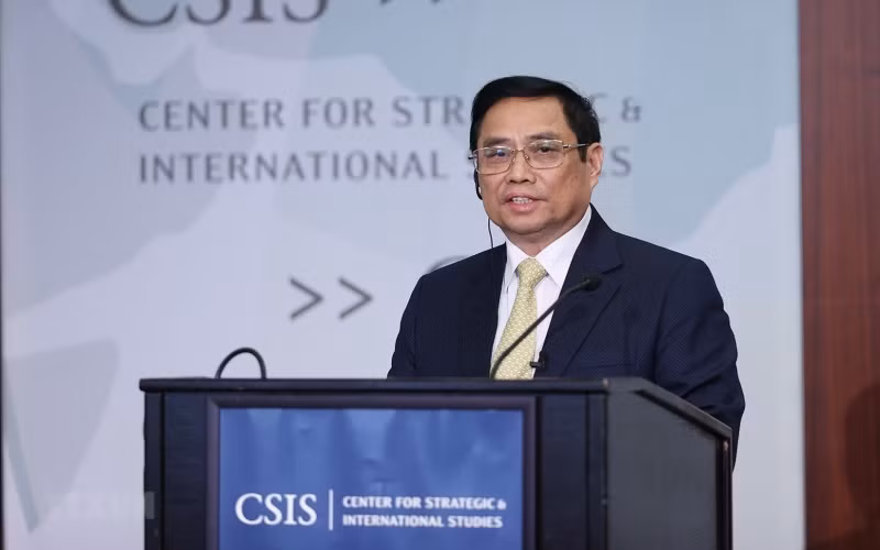 Thủ tướng Phạm Minh Chính phát biểu về chính sách của Việt Nam tại Trung tâm Nghiên cứu chiến lược quốc tế Hoa Kỳ (CSIS). (Ảnh: Dương Giang/TTXVN)