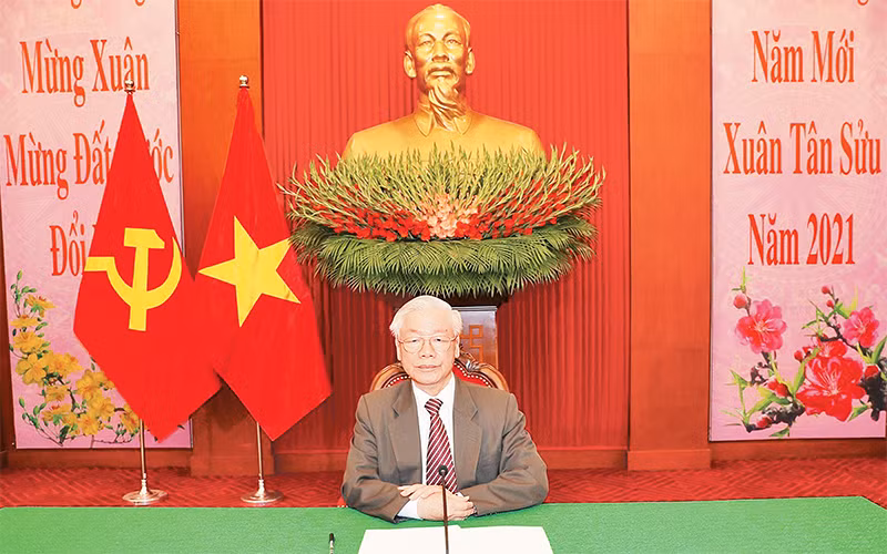 Tổng Bí thư, Chủ tịch nước Nguyễn Phú Trọng điện đàm với Tổng Bí thư, Chủ tịch Trung Quốc Tập Cận Bình. Ảnh: TRÍ DŨNG (TTXVN)
