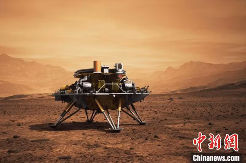 Đồ họa robot thăm dò Thiên Vấn 1 đáp xuống bề mặt Sao Hỏa. (Nguồn: Chinanews)