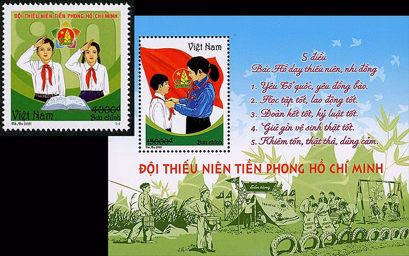 Mẫu tem và blốc “Đội Thiếu niên Tiền phong Hồ Chí Minh”.