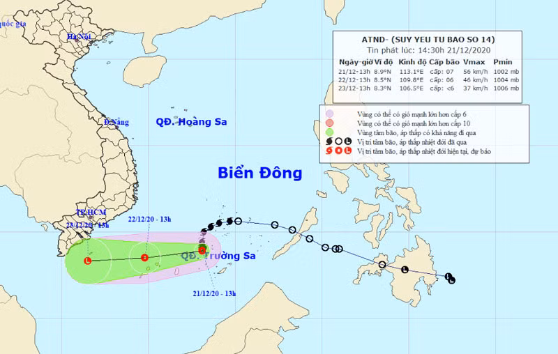 Vị trí và hướng di chuyển của áp thấp nhiệt đới suy yếu từ bão số 14. (Nguồn: nchmf.gov.vn)