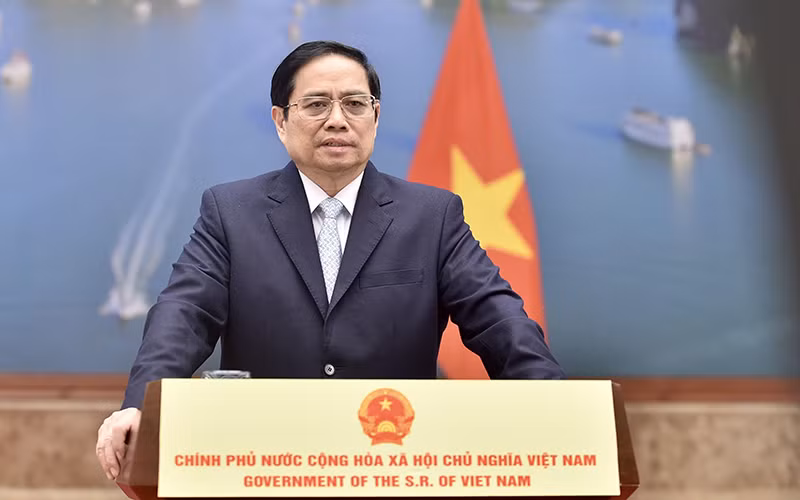 Thủ tướng Phạm Minh Chính phát biểu tại Diễn đàn “Tuần lễ năng lượng Nga” lần thứ IV. Ảnh: NHẬT BẮC