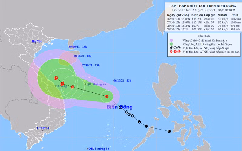 Vị trí và hướng di chuyển của áp thấp nhiệt đới. (Nguồn: nchmf.gov.vn)