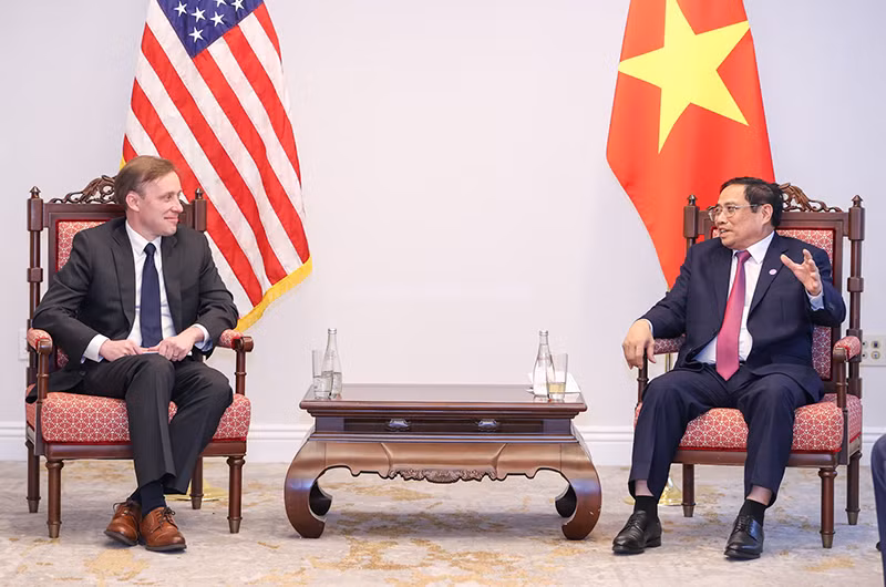 Thủ tướng Phạm Minh Chính tiếp Cố vấn An ninh Quốc gia Hoa Kỳ Jake Sullivan. (Ảnh: NHẬT BẮC)