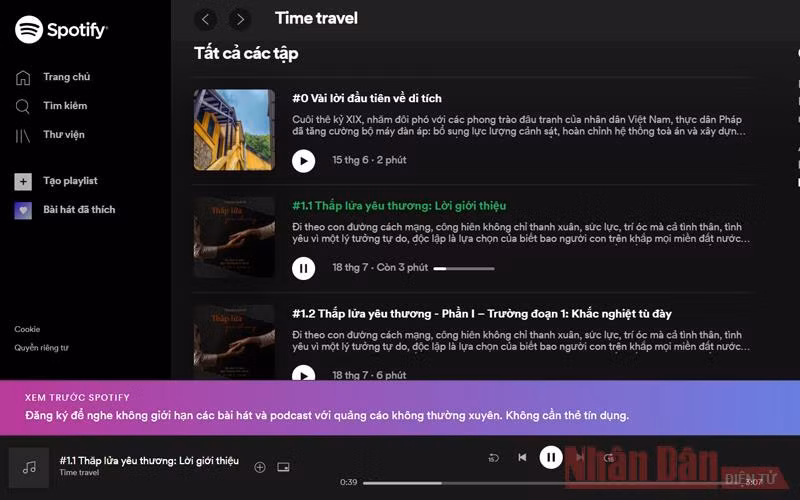 Triển lãm "Thắp lửa yêu thương" bằng hình thức phát thanh miễn phí trên nền tảng Spotify (Ảnh: Chụp màn hình)