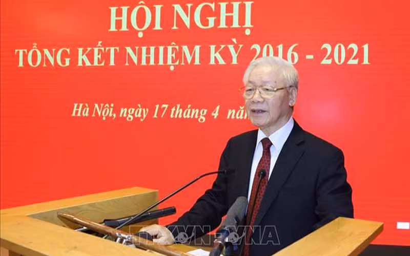 Tổng Bí thư Nguyễn Phú Trọng phát biểu chỉ đạo hội nghị tổng kết công tác của Hội đồng Lý luận Trung ương nhiệm kỳ 2016 - 2021. (Ảnh: TTXVN)