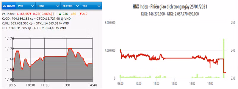 Diễn biến VN-Index và HNX-Index phiên giao dịch ngày 25-1.