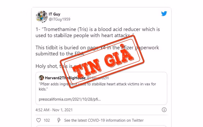 Ảnh chụp màn hình bài đăng trên mạng xã hội Twitter đưa thông tin sai lệch về chất tromethamine trong thành phần vaccine Covid-19 Pfizer. 