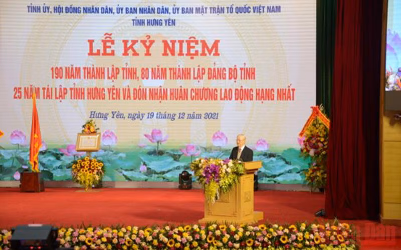 Tổng Bí thư Nguyễn Phú Trọng phát biểu ý kiến tại Lễ kỷ niệm 190 năm thành lập tỉnh Hưng Yên.