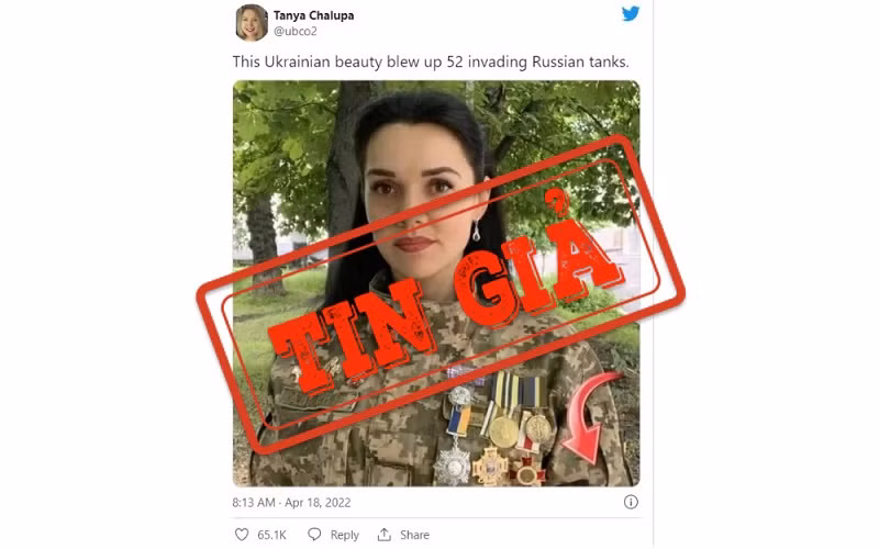 Một tài khoản Twitter đăng câu chuyện không có thật về một nữ binh sĩ Ukraine phá hủy 52 xe tăng của Nga. 