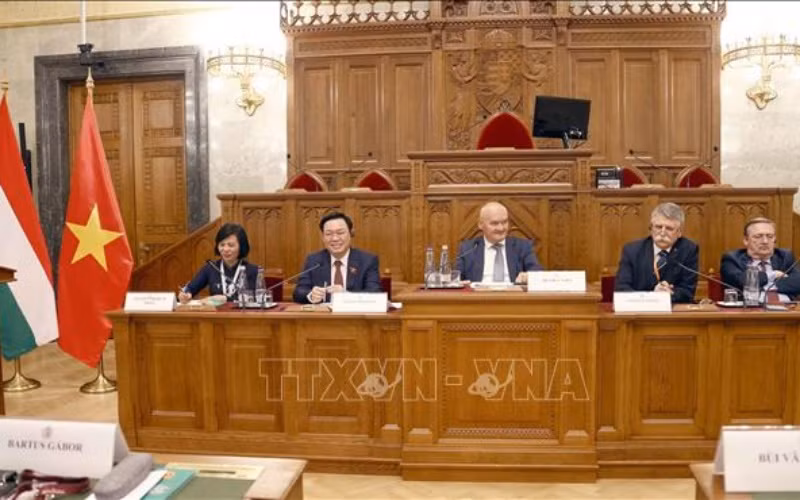 Chủ tịch Quốc hội Vương Đình Huệ và Chủ tịch Quốc hội Hungary dự Tọa đàm lập pháp. (Ảnh: Doãn Tấn/TTXVN)